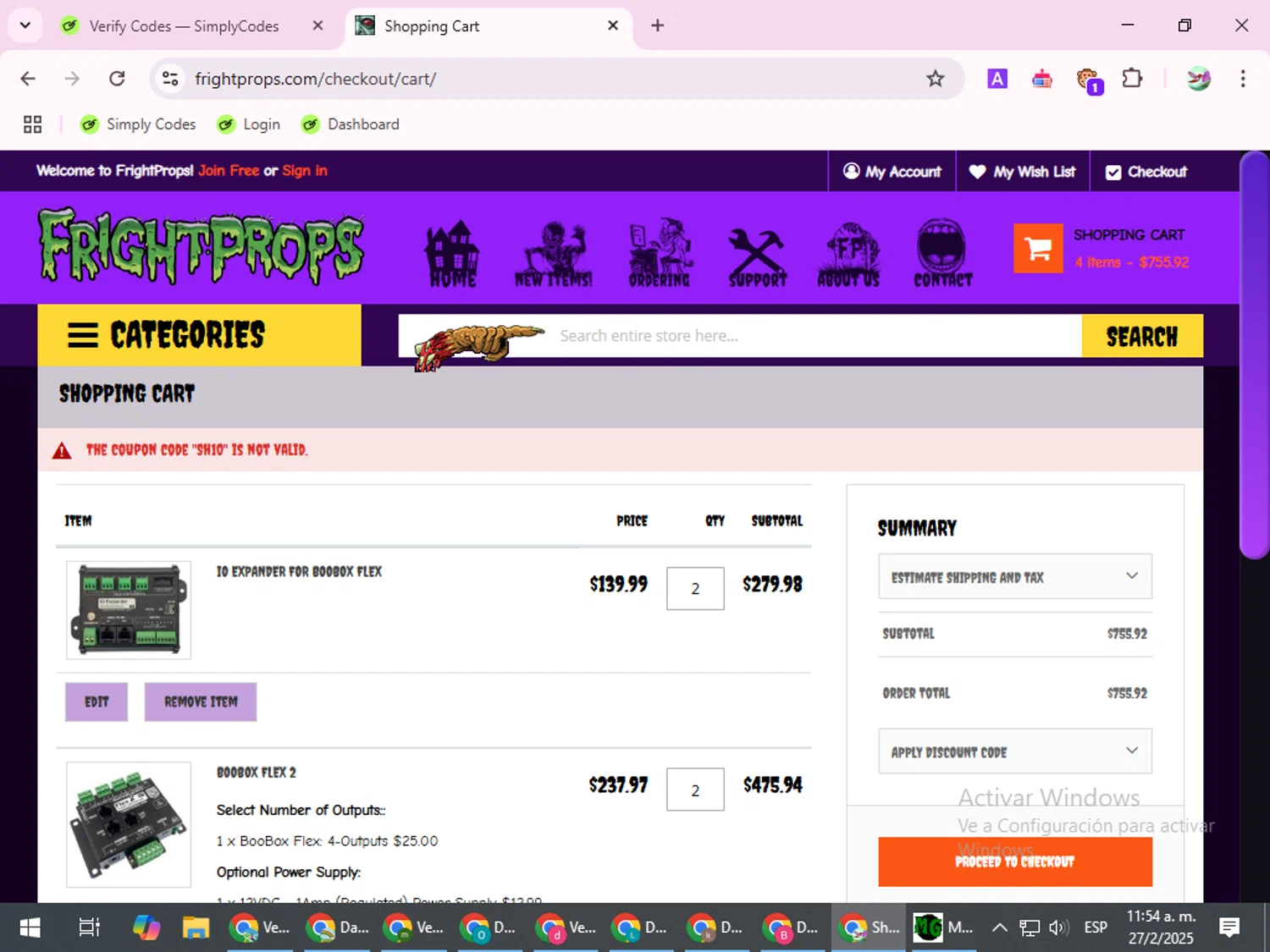 Fright Props discount code screenshot showing code Sh10 applied at Fright Props checkout page. Uploaded by SimplyCodes community member SilverExpert5694 on Feb 27, 2025