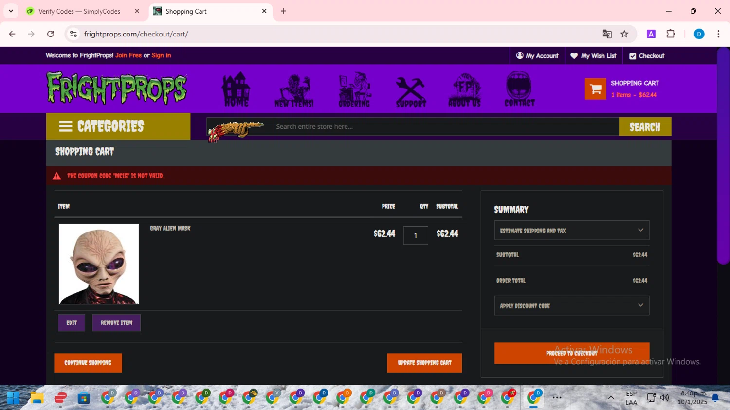 Fright Props discount code screenshot showing code MC15 applied at Fright Props checkout page. Uploaded by SimplyCodes community member saltediosteve on Jan 11, 2025