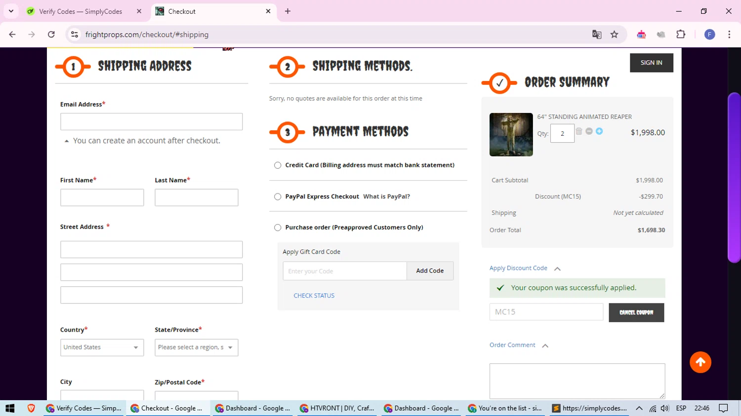 Fright Props checkout page showing Fright Props discount code box | Screenshot taken by SimplyCodes community member on Sep 18, 2024