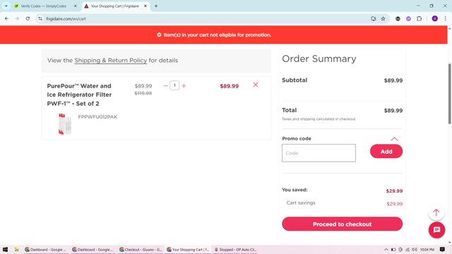 Frigidaire checkout page showing Frigidaire discount code box | Screenshot taken by SimplyCodes community member on Aug 27, 2025