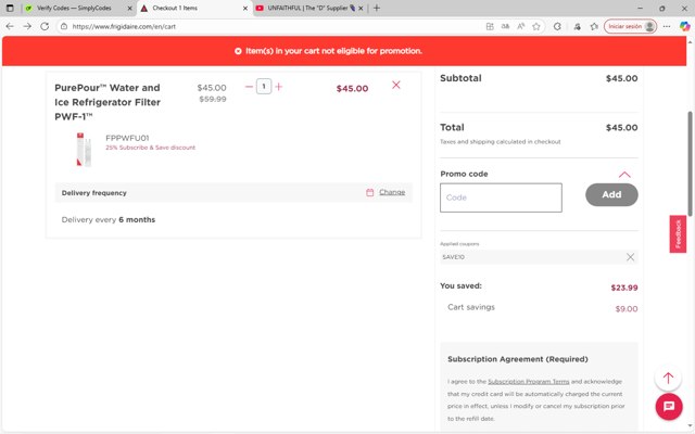 Frigidaire checkout page showing Frigidaire discount code box | Screenshot taken by SimplyCodes community member on Aug 30, 2025
