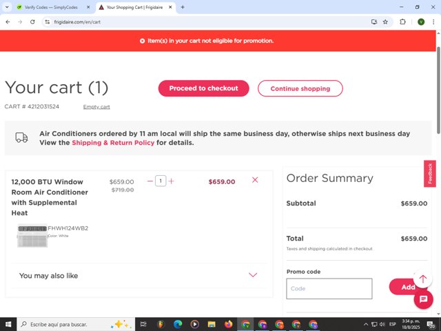 Frigidaire checkout page showing Frigidaire discount code box | Screenshot taken by SimplyCodes community member on Aug 18, 2025