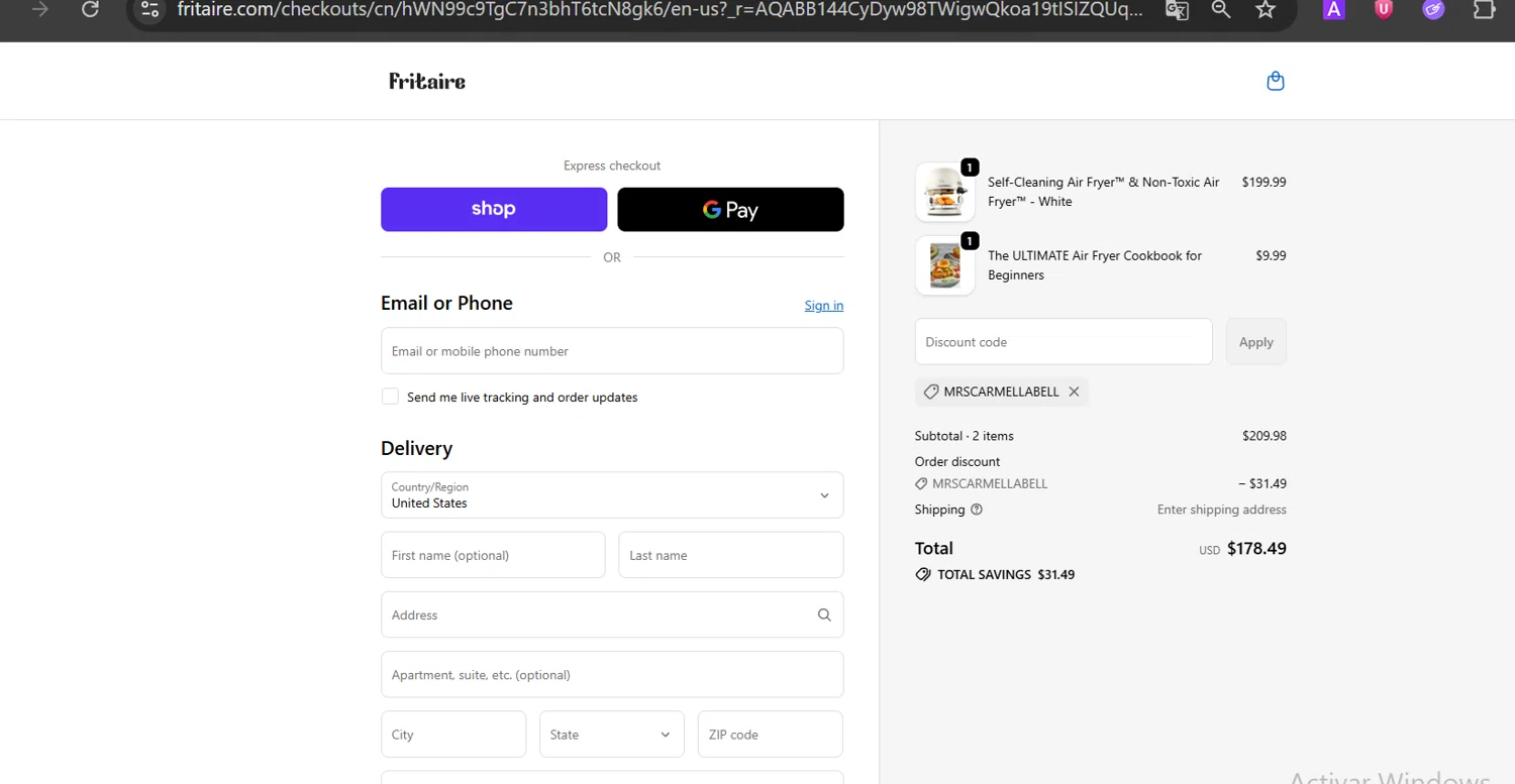 Fritaire checkout page showing Fritaire discount code box | Screenshot taken by SimplyCodes community member on Feb 24, 2026