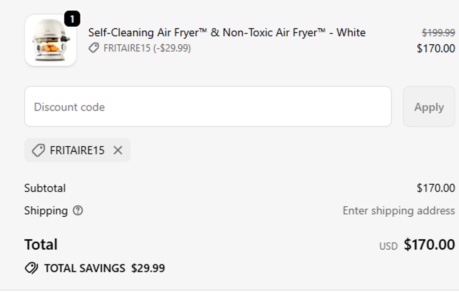 Fritaire discount code screenshot showing code FRITAIRE15 applied at Fritaire checkout page. Uploaded by SimplyCodes community member chepipro on Feb 5, 2026