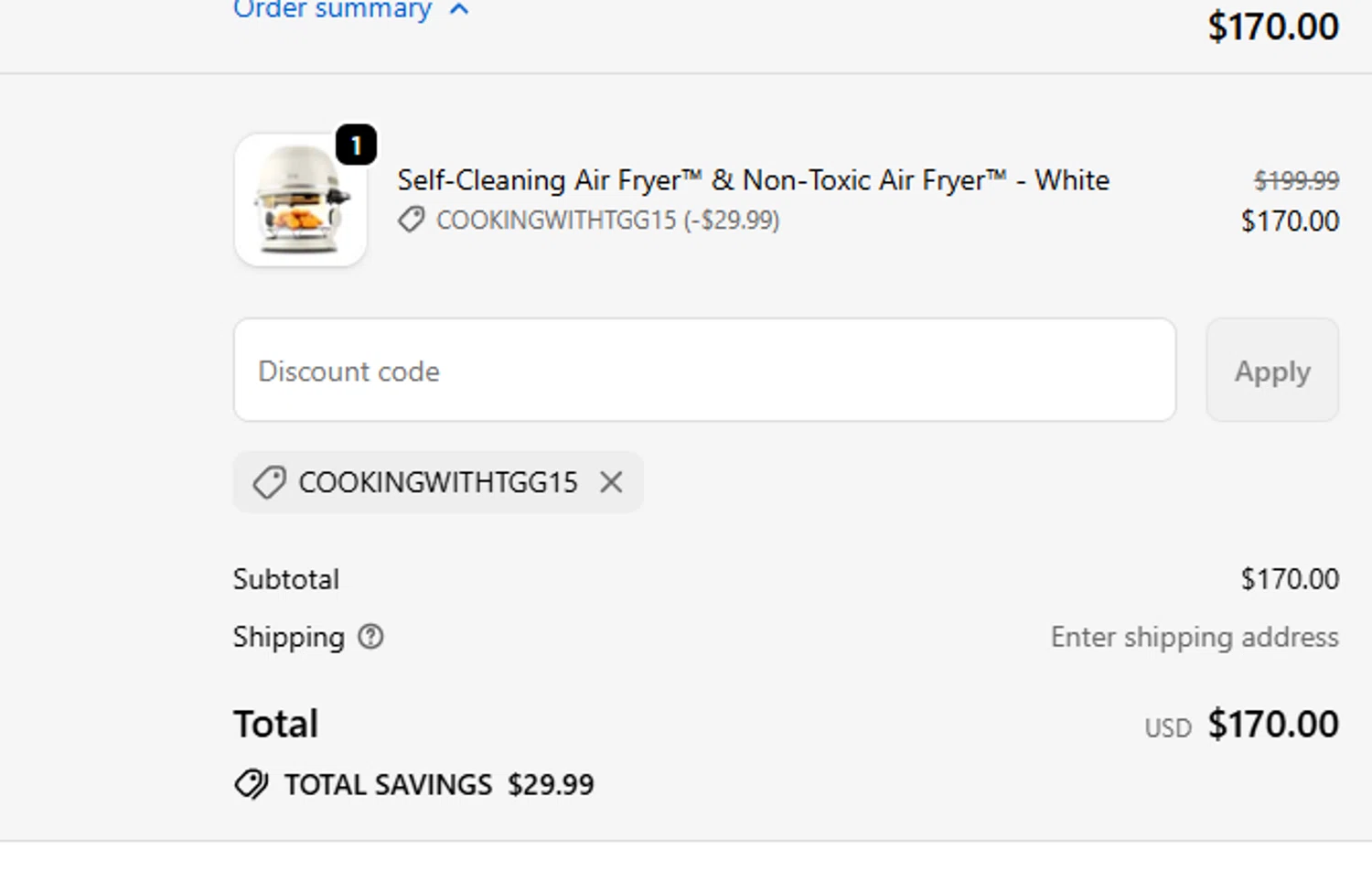 Fritaire discount code screenshot showing code COOKINGWITHTGG15 applied at Fritaire checkout page. Uploaded by SimplyCodes community member chepipro on Feb 5, 2026
