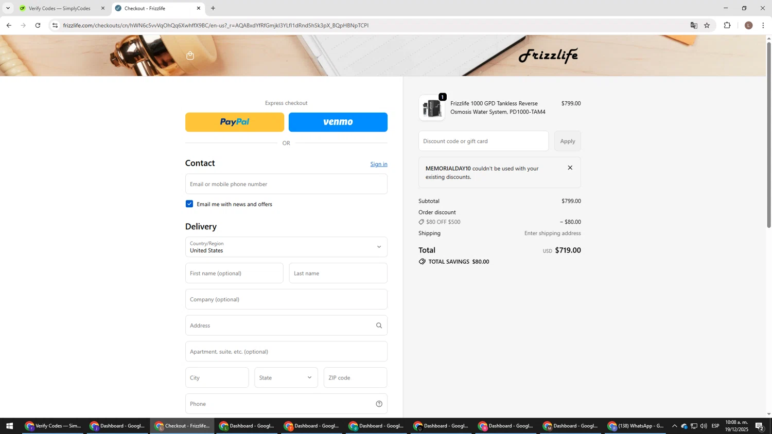 Frizzlife discount code screenshot showing code MEMORIALDAY10 applied at Frizzlife checkout page. Uploaded by SimplyCodes community member BENELLI on Dec 19, 2025