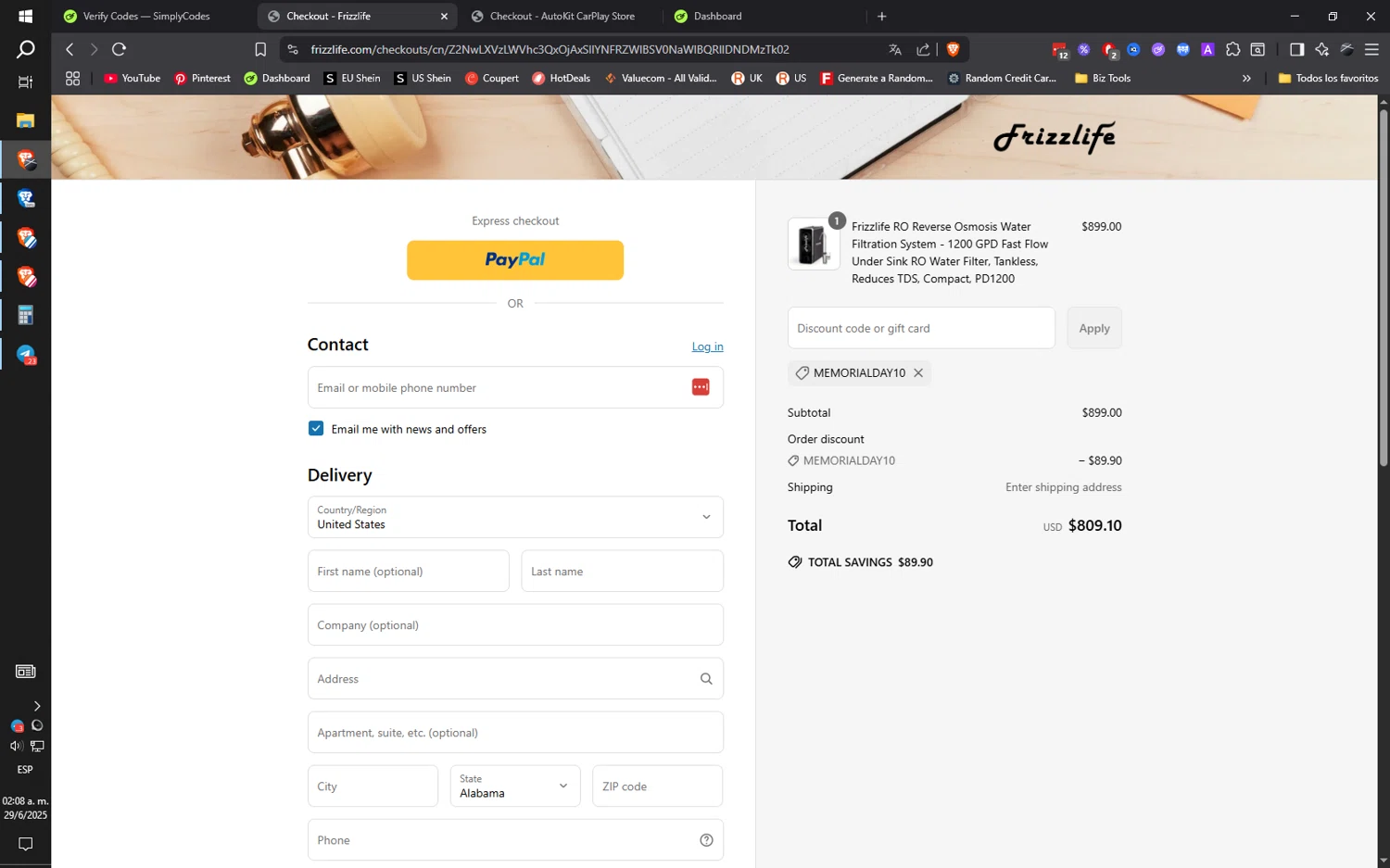 Frizzlife discount code screenshot showing code MEMORIALDAY10 applied at Frizzlife checkout page. Uploaded by SimplyCodes community member ilarrazaM1 on Jun 29, 2025