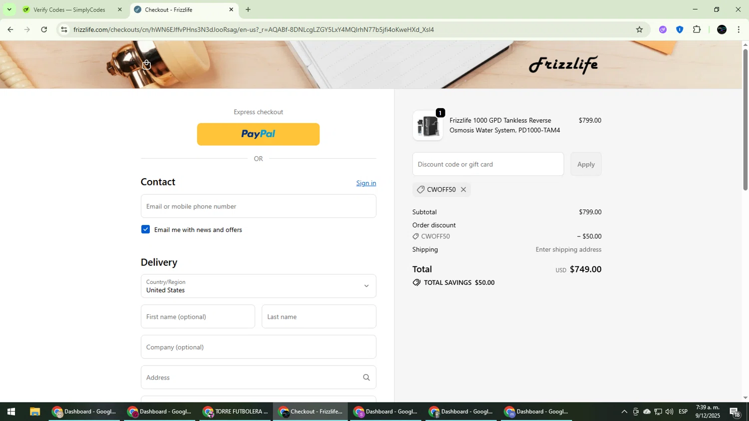Frizzlife discount code screenshot showing code CWOFF50 applied at Frizzlife checkout page. Uploaded by SimplyCodes community member CarmenVGR on Dec 9, 2025