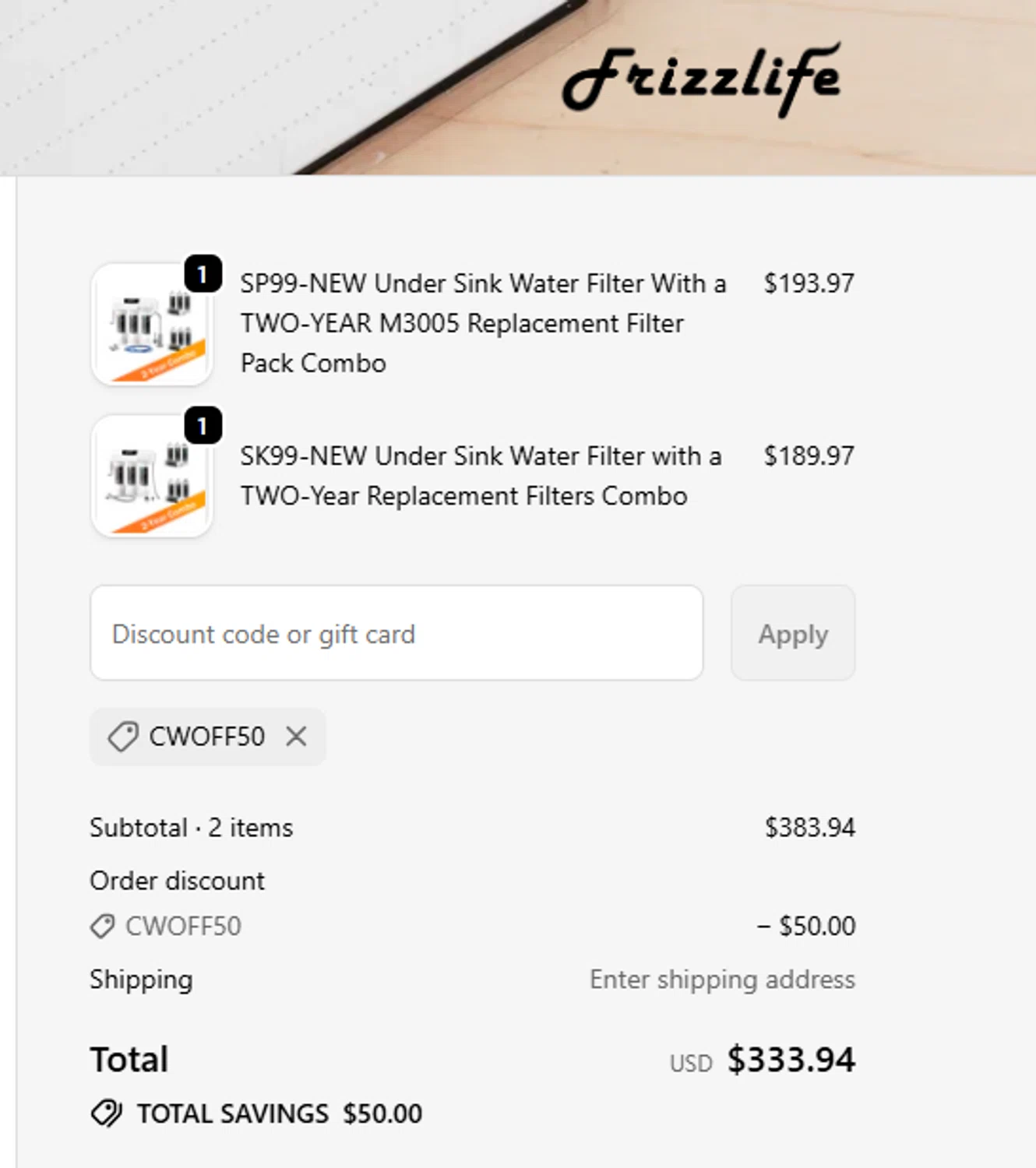 Frizzlife discount code screenshot showing code CWOFF50 applied at Frizzlife checkout page. Uploaded by SimplyCodes community member Gray_75 on Nov 23, 2025