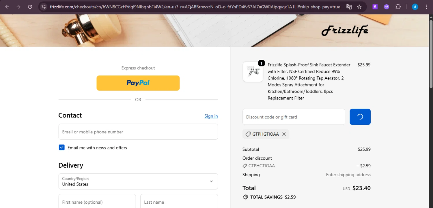 Frizzlife discount code screenshot showing code GTPHGTIOAA applied at Frizzlife checkout page. Uploaded by SimplyCodes community member ShieldKnight4744 on Jan 30, 2026