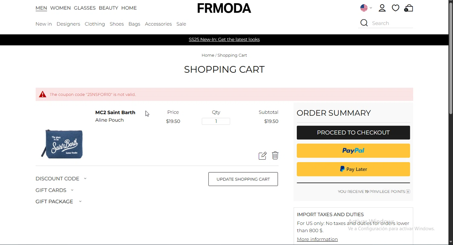 FRMODA discount code screenshot showing code 25NSFOR10 applied at FRMODA checkout page. Uploaded by SimplyCodes community member Jsjsjsjsjsjsjs on Apr 7, 2025