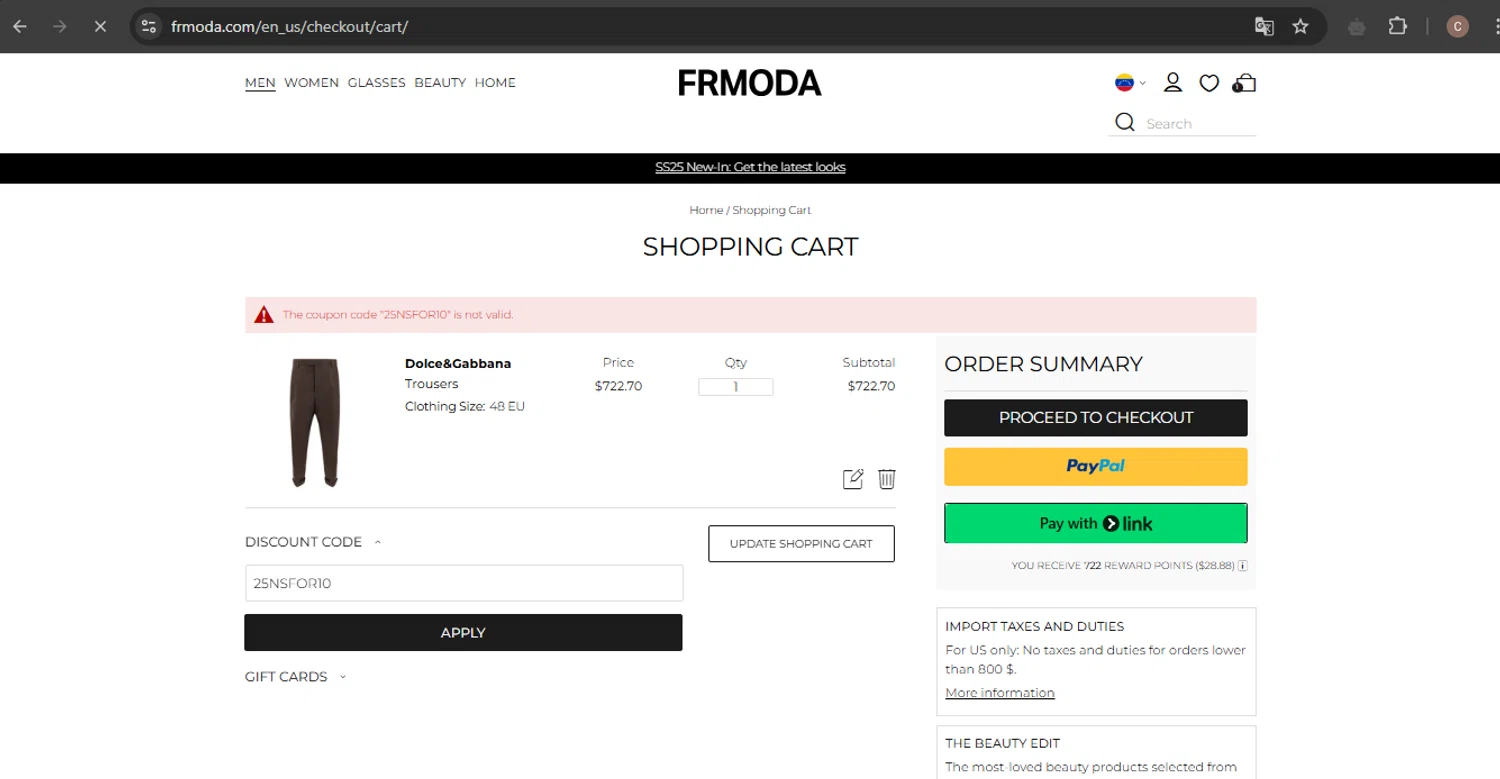 FRMODA discount code screenshot showing code 25NSFOR10 applied at FRMODA checkout page. Uploaded by SimplyCodes community member SwiftCaptain4127 on Apr 7, 2025