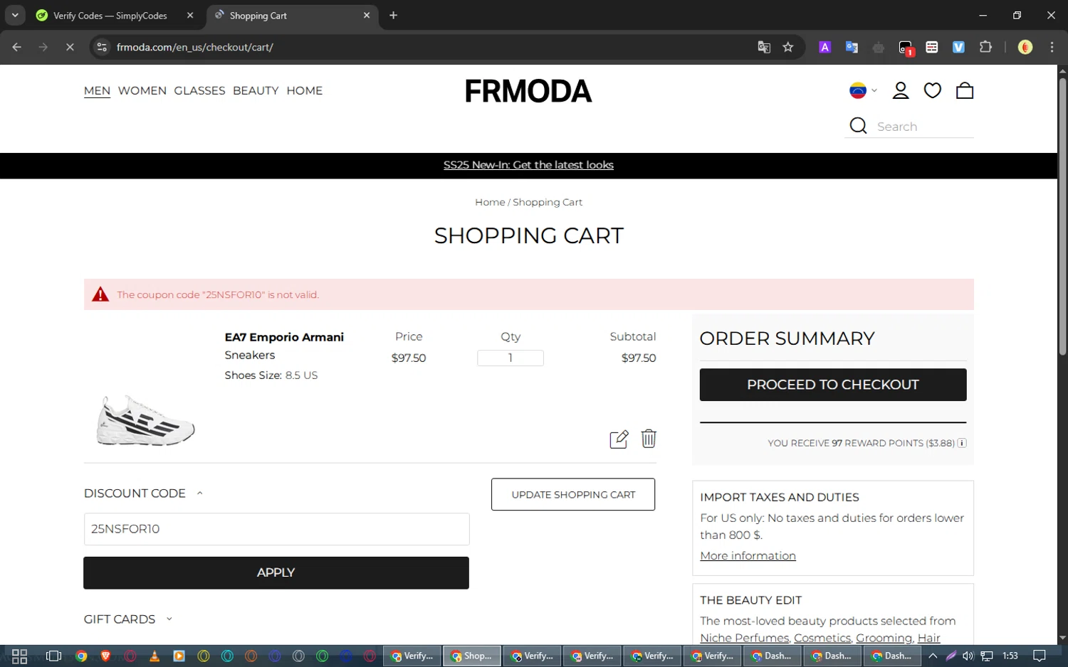 FRMODA discount code screenshot showing code 25NSFOR10 applied at FRMODA checkout page. Uploaded by SimplyCodes community member WonderWarden4709 on Apr 7, 2025