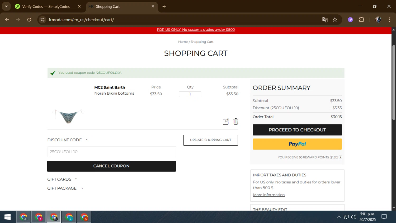 FRMODA discount code screenshot showing code 25COUFOLL10 applied at FRMODA checkout page. Uploaded by SimplyCodes community member 27zxbr on Jul 20, 2025
