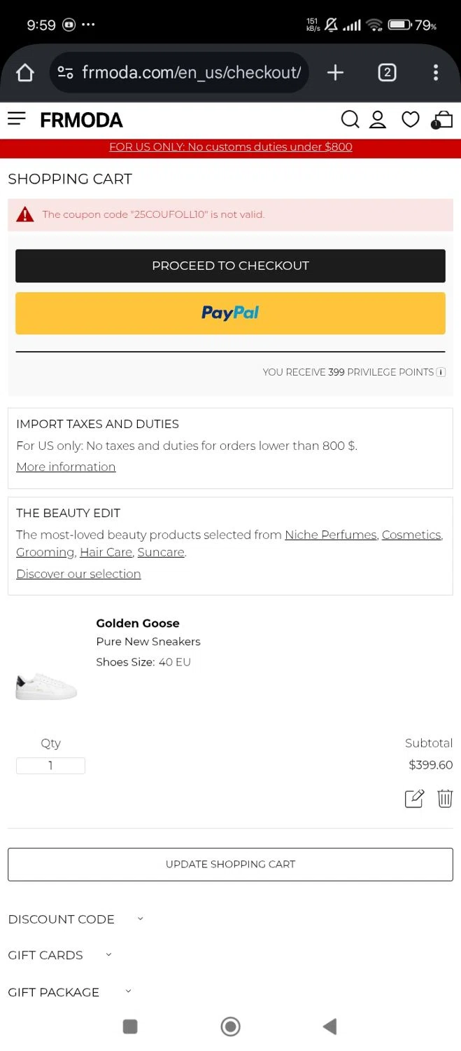 FRMODA discount code screenshot showing code 25COUFOLL10 applied at FRMODA checkout page. Uploaded by SimplyCodes community member Lhhfhii on Jul 18, 2025