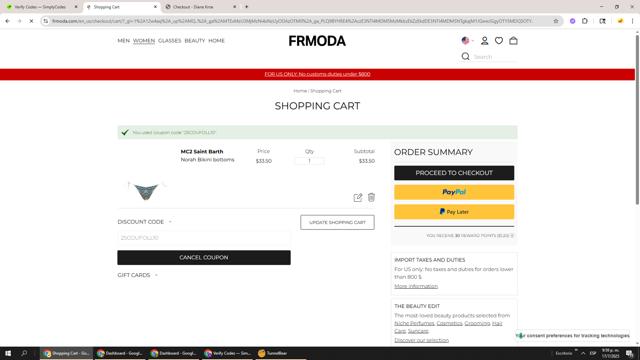 FRMODA checkout page showing FRMODA discount code box | Screenshot taken by SimplyCodes community member on Jul 18, 2025