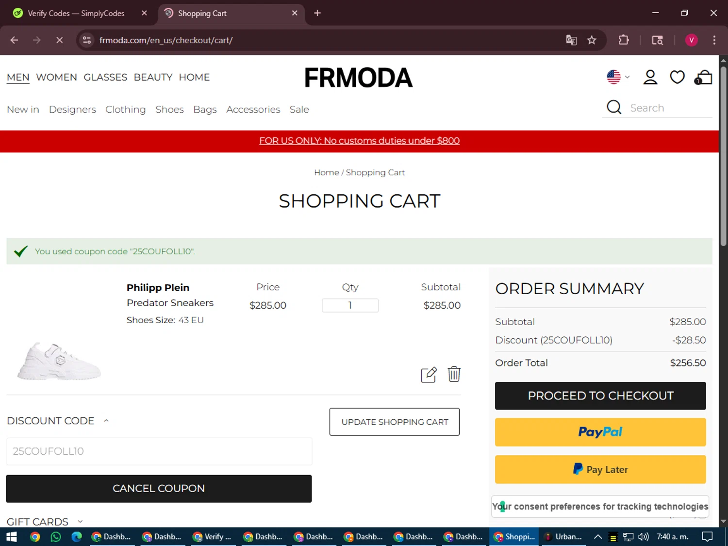 FRMODA discount code screenshot showing code 25COUFOLL10 applied at FRMODA checkout page. Uploaded by SimplyCodes community member ShieldEagle6102 on Jul 29, 2025
