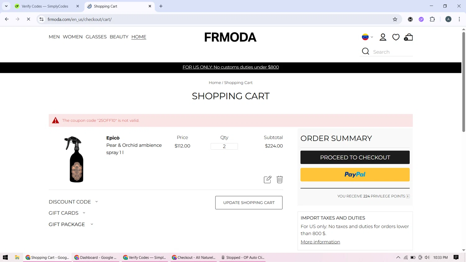 FRMODA discount code screenshot showing code 25OFF10 applied at FRMODA checkout page. Uploaded by SimplyCodes community member BonusMonarch7015 on Jul 2, 2025