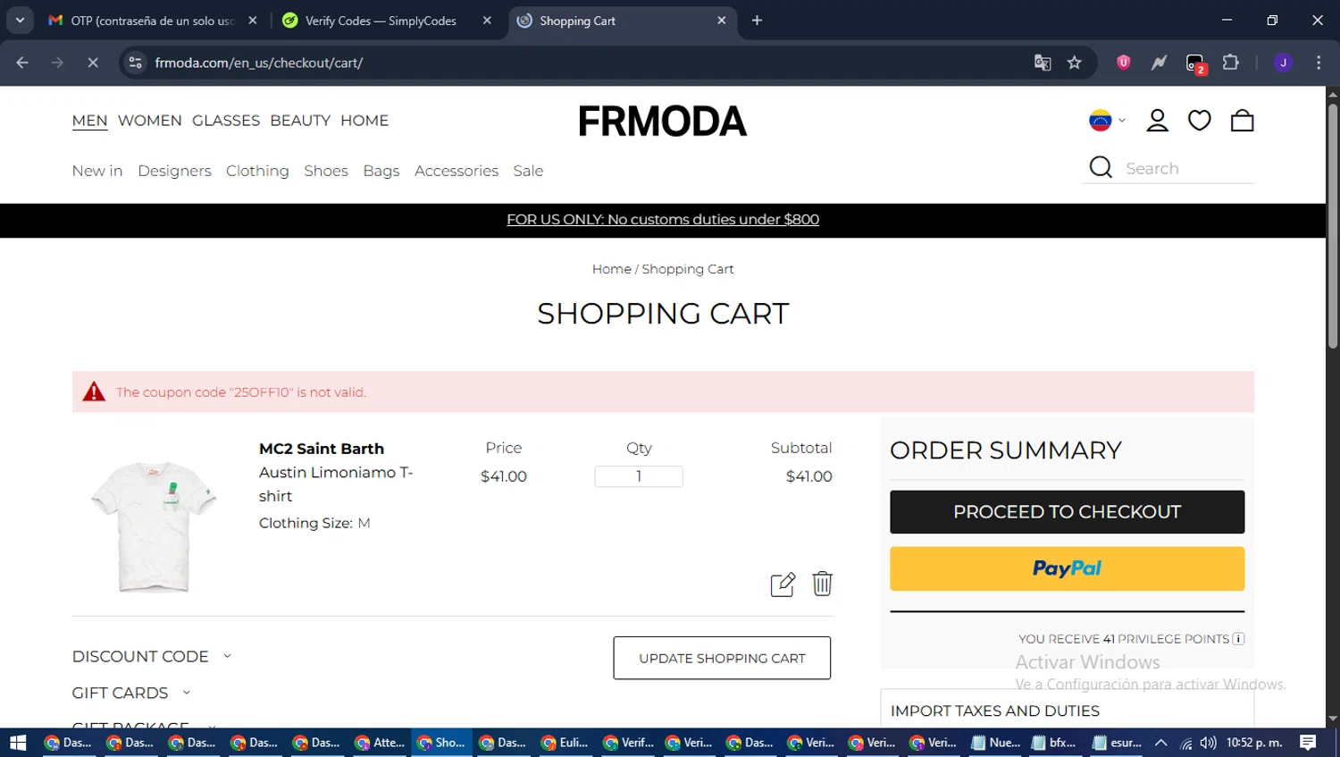 FRMODA discount code screenshot showing code 25OFF10 applied at FRMODA checkout page. Uploaded by SimplyCodes community member LegendaryLegend9872 on Jul 2, 2025