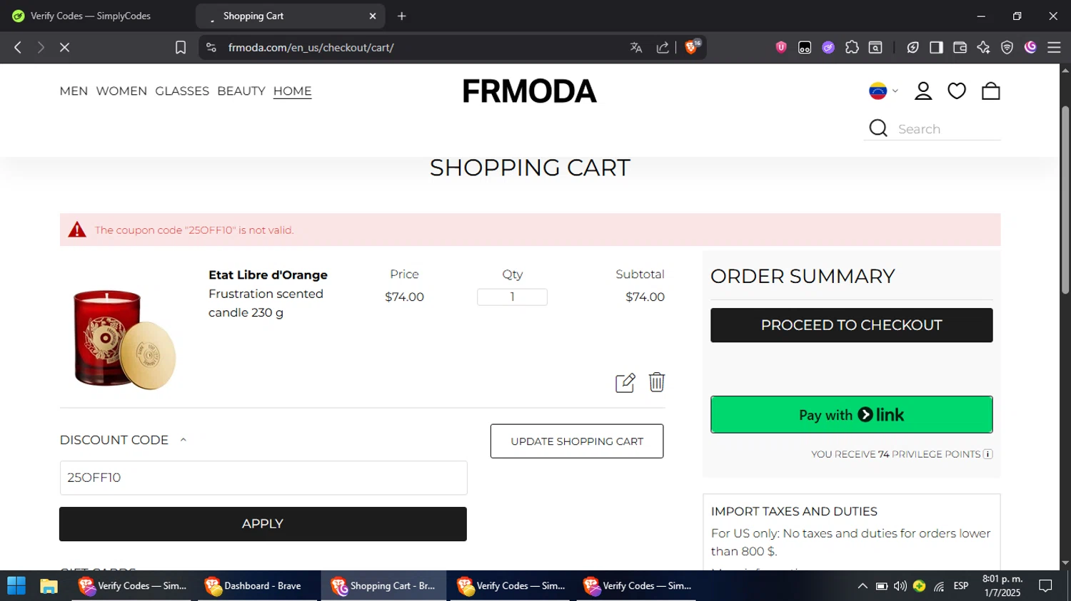 FRMODA discount code screenshot showing code 25OFF10 applied at FRMODA checkout page. Uploaded by SimplyCodes community member RebateCaptain6440 on Jul 2, 2025