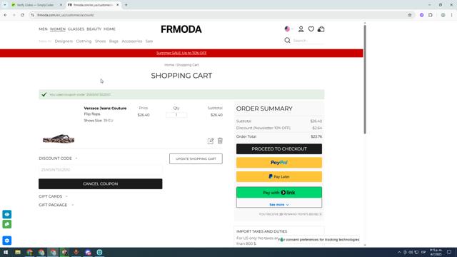 FRMODA checkout page showing FRMODA discount code box | Screenshot taken by SimplyCodes community member on Jul 5, 2025