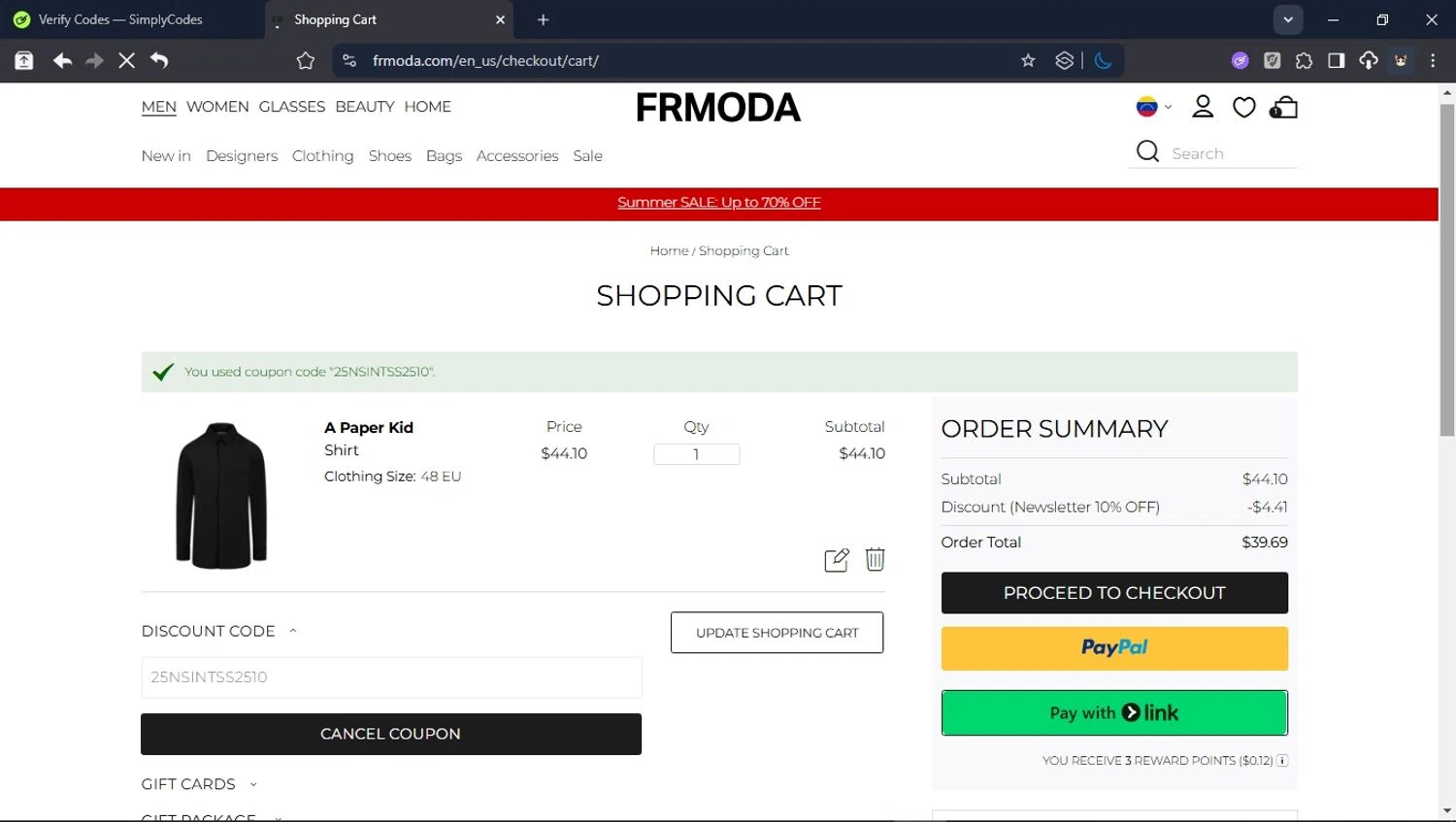 FRMODA checkout page showing FRMODA discount code box | Screenshot taken by SimplyCodes community member on Oct 11, 2025