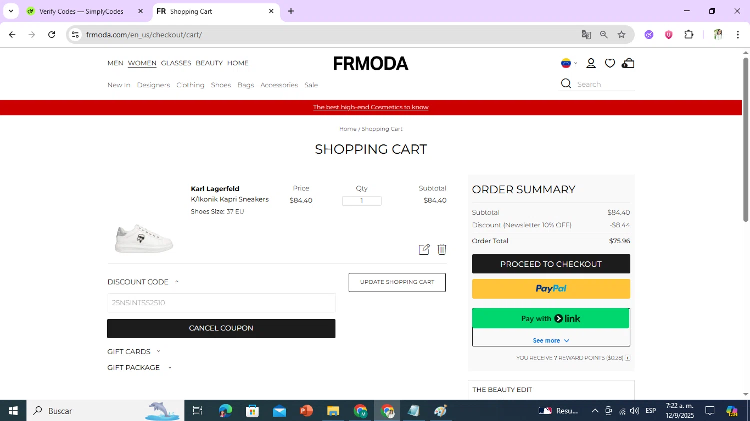 FRMODA checkout page showing FRMODA discount code box | Screenshot taken by SimplyCodes community member on Sep 12, 2025