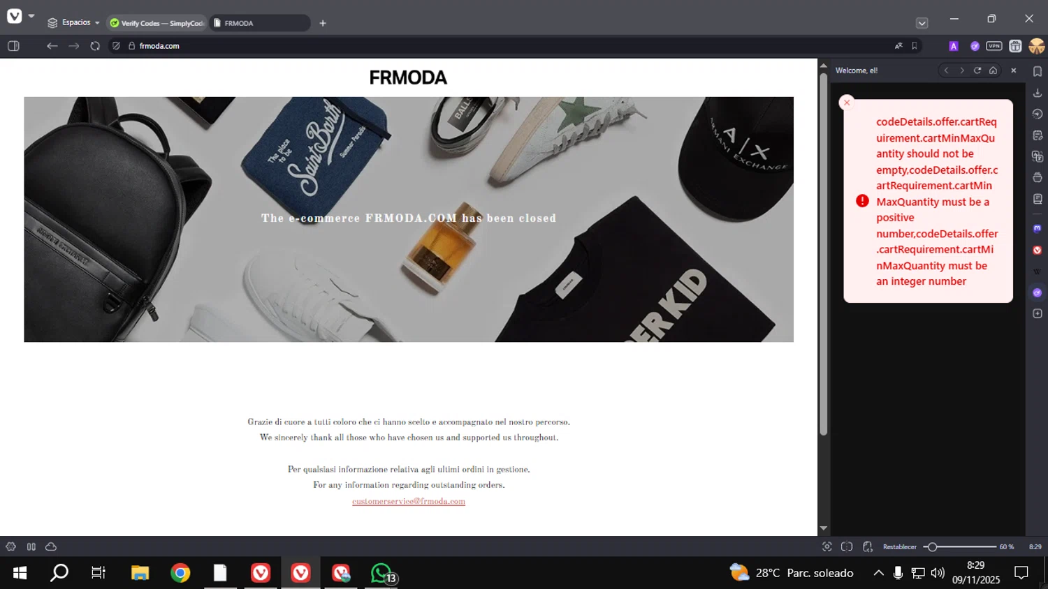 FRMODA discount code screenshot showing code 25NSINTSS2510 applied at FRMODA checkout page. Uploaded by SimplyCodes community member omarelpollo on Nov 9, 2025