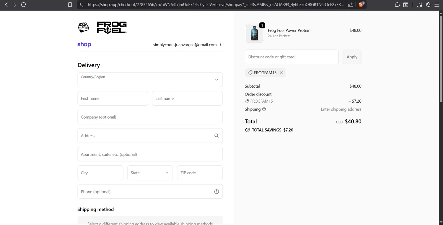 FrogFuel discount code screenshot showing code FROGFAM15 applied at FrogFuel checkout page. Uploaded by SimplyCodes community member juanvargas1 on Dec 26, 2025