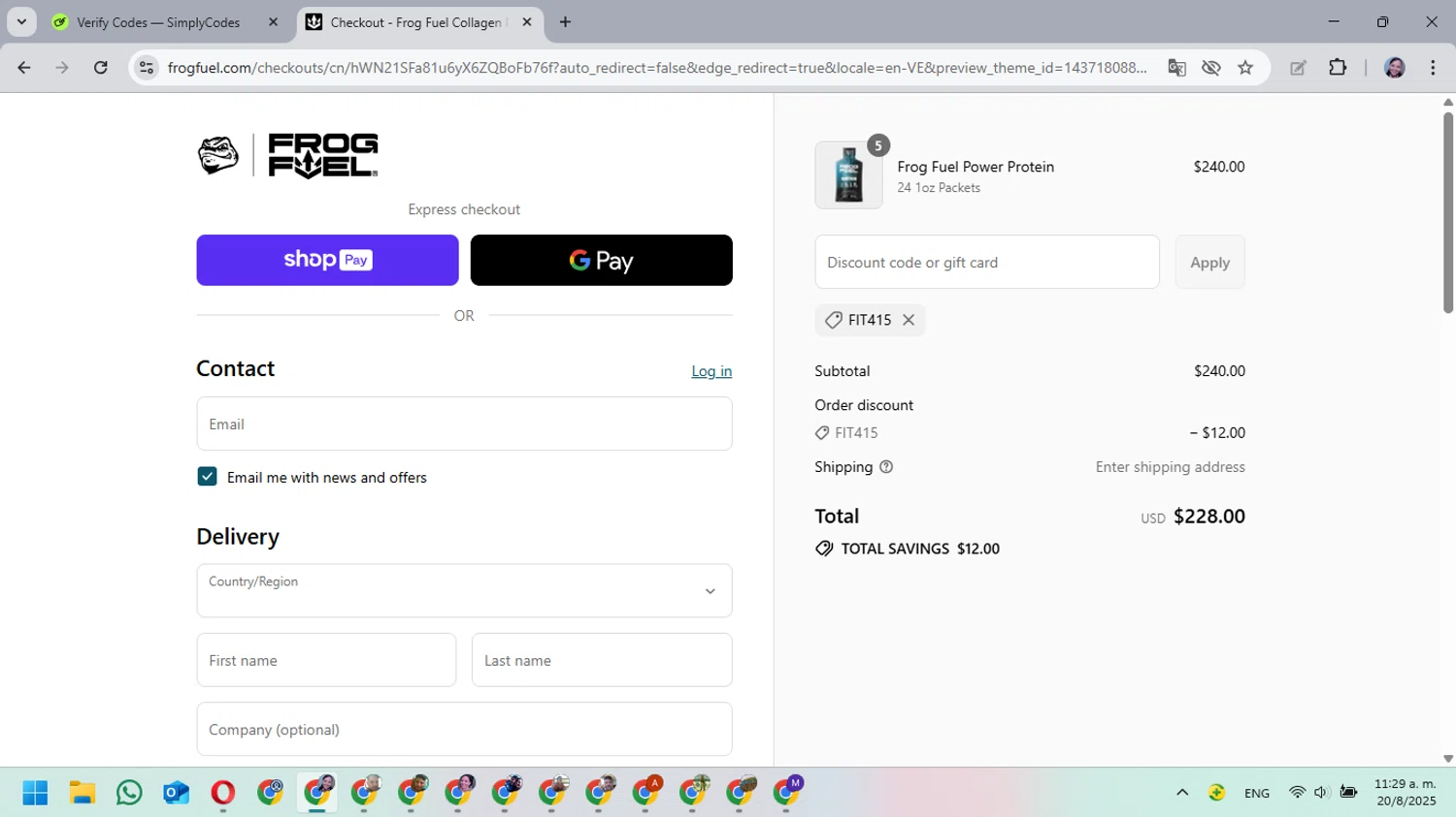 FrogFuel discount code screenshot showing code FIT415 applied at FrogFuel checkout page. Uploaded by SimplyCodes community member MarielisPb on Aug 20, 2025