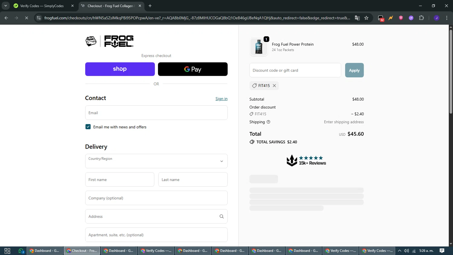 FrogFuel discount code screenshot showing code FIT415 applied at FrogFuel checkout page. Uploaded by SimplyCodes community member WiseMaven9968 on Nov 22, 2025