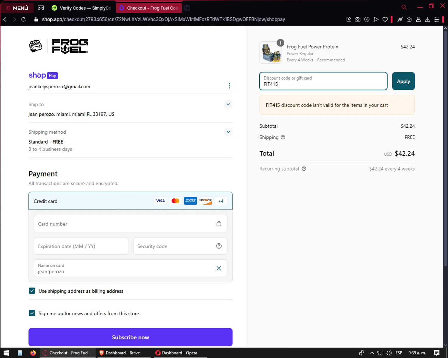 FrogFuel discount code screenshot showing code FIT415 applied at FrogFuel checkout page. Uploaded by SimplyCodes community member joaojesus on Apr 17, 2025