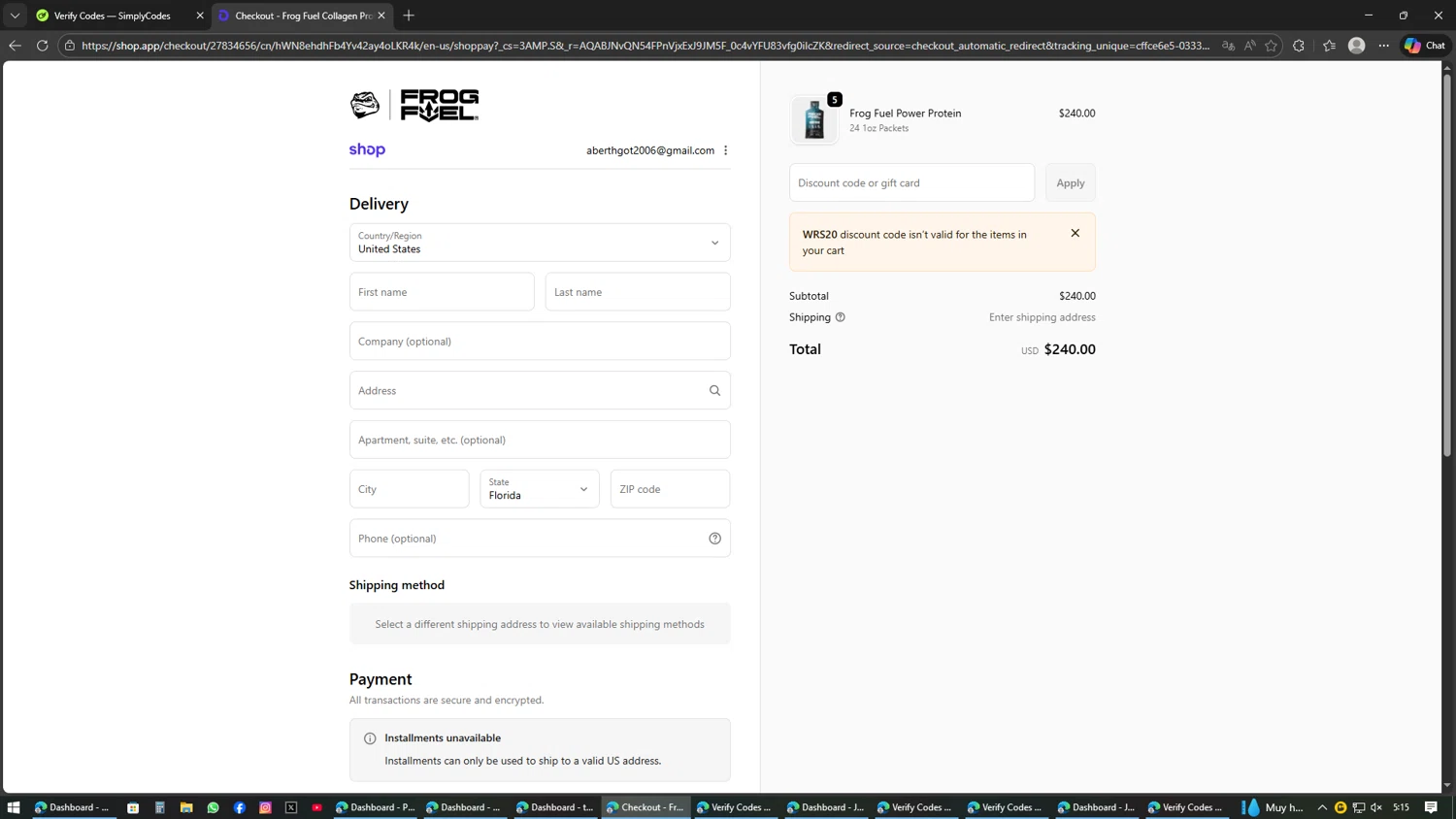 FrogFuel discount code screenshot showing code WRS20 applied at FrogFuel checkout page. Uploaded by SimplyCodes community member AVAMUSTANG on Feb 11, 2026