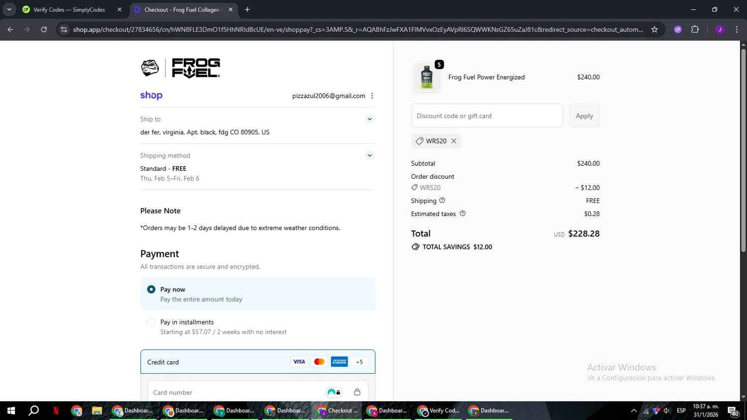 FrogFuel discount code screenshot showing code WRS20 applied at FrogFuel checkout page. Uploaded by SimplyCodes community member ComeBurra123 on Jan 31, 2026