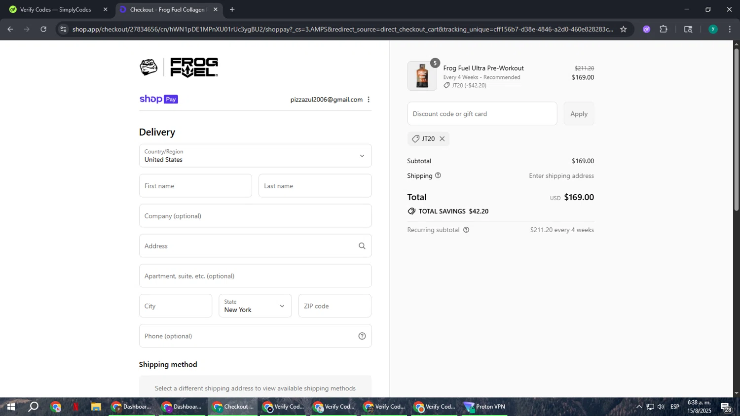FrogFuel discount code screenshot showing code JT20 applied at FrogFuel checkout page. Uploaded by SimplyCodes community member FrugalCaptain6906 on Aug 15, 2025