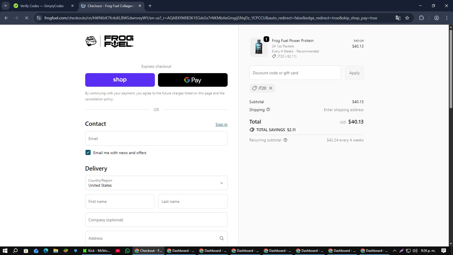 FrogFuel discount code screenshot showing code JT20 applied at FrogFuel checkout page. Uploaded by SimplyCodes community member jorgeyahoo on Dec 26, 2025
