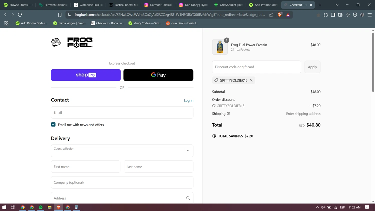 FrogFuel discount code screenshot showing code GrittySoldier15 applied at FrogFuel checkout page. Uploaded by SimplyCodes community member becomeaware on May 3, 2025