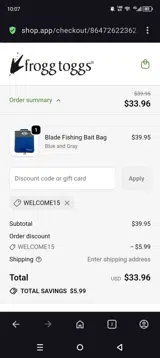 WELCOME15 coupon verification screenshot