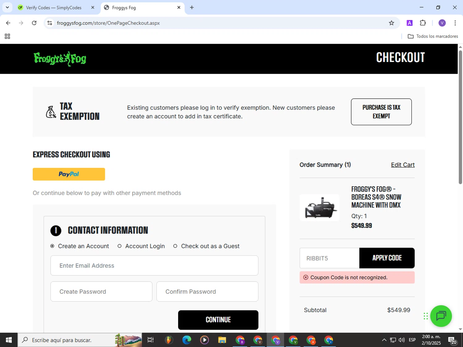 Froggys Fog discount code screenshot showing code RIBBIT5 applied at Froggys Fog checkout page. Uploaded by SimplyCodes community member Satoru_gojo on Oct 2, 2025