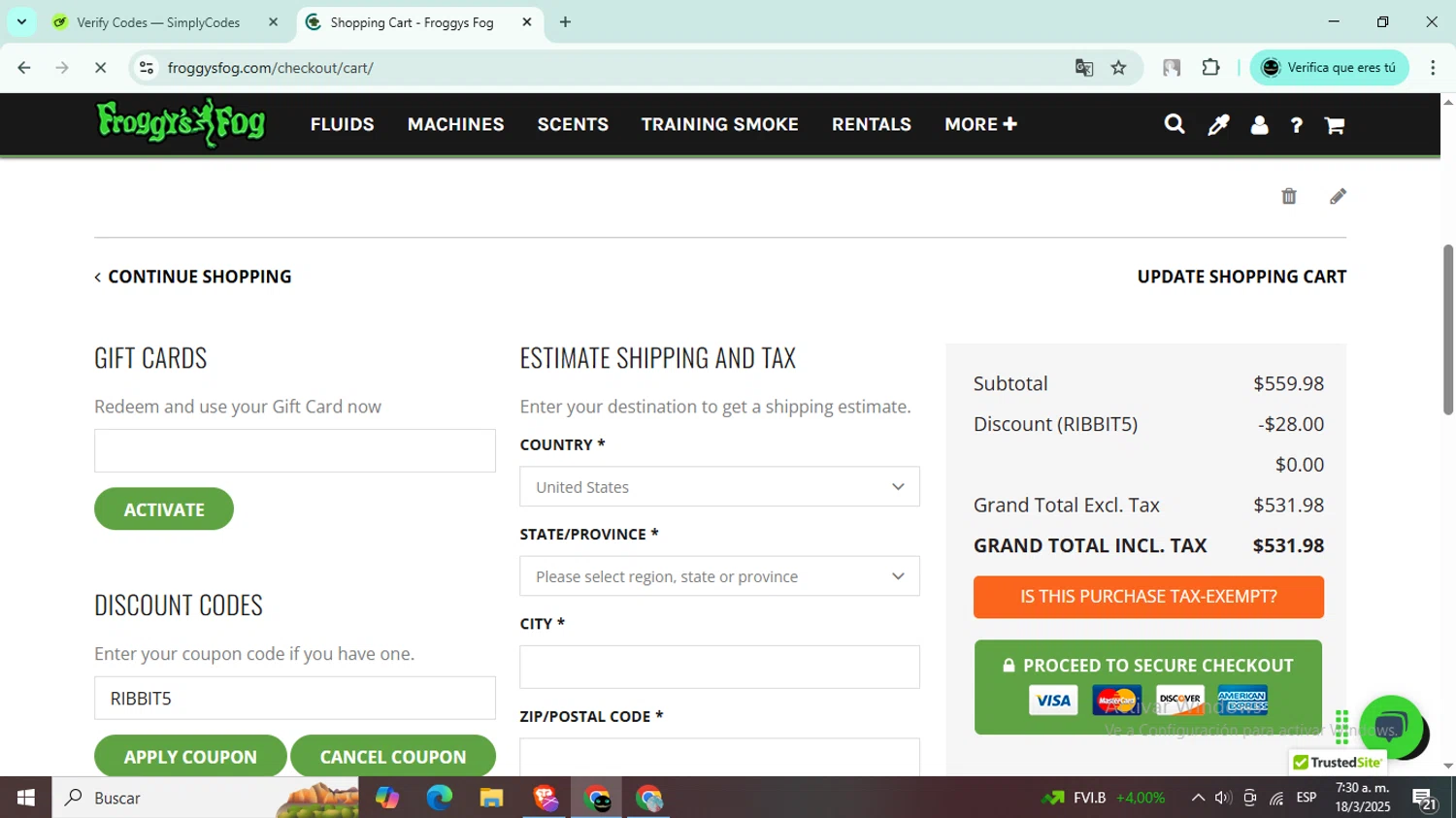 Froggys Fog checkout page showing Froggys Fog discount code box | Screenshot taken by SimplyCodes community member on Mar 18, 2025