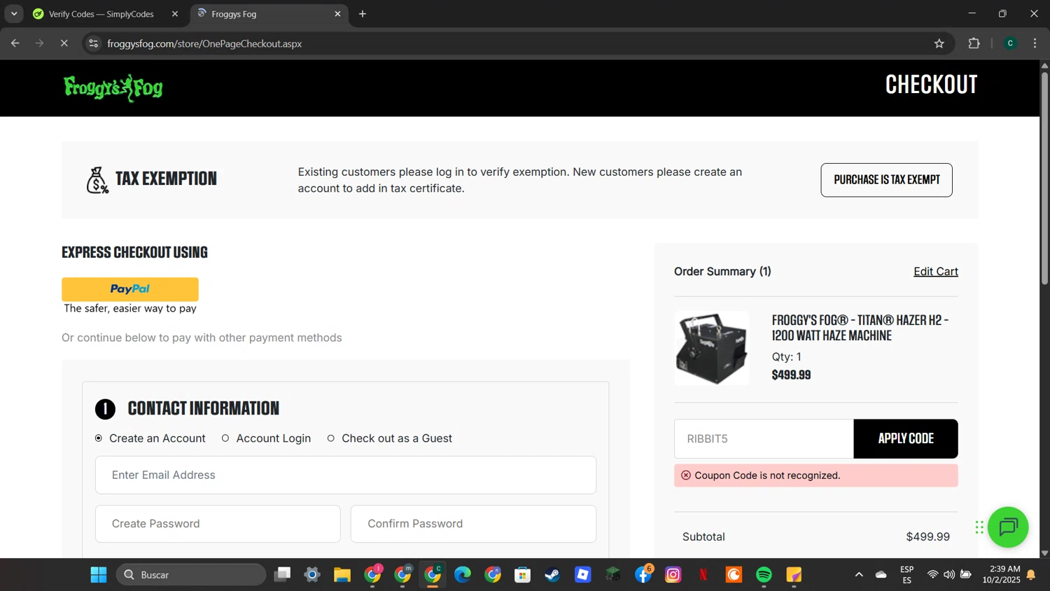 Froggys Fog discount code screenshot showing code RIBBIT5 applied at Froggys Fog checkout page. Uploaded by SimplyCodes community member neygoot on Oct 2, 2025
