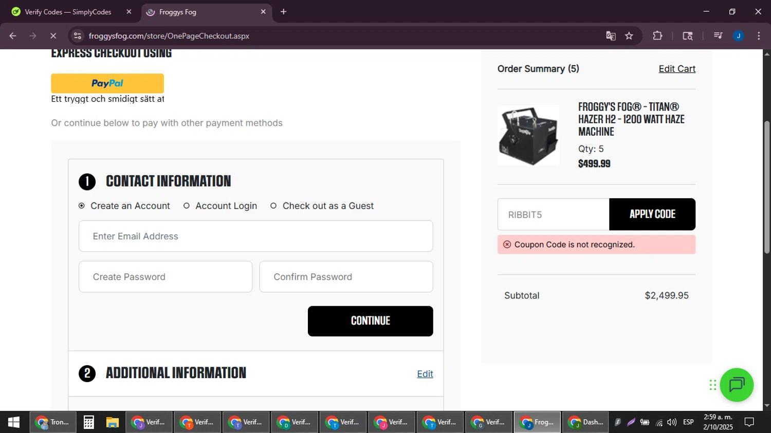 Froggys Fog discount code screenshot showing code RIBBIT5 applied at Froggys Fog checkout page. Uploaded by SimplyCodes community member noesmith34ur on Oct 2, 2025