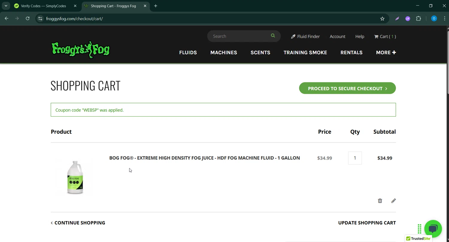 Froggys Fog discount code screenshot showing code WEBSP applied at Froggys Fog checkout page. Uploaded by SimplyCodes community member CodeScholar4340 on Apr 23, 2025