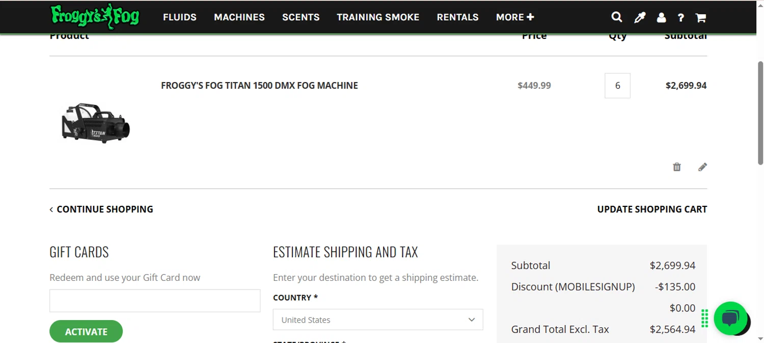 Froggys Fog discount code screenshot showing code MOBILESIGNUP applied at Froggys Fog checkout page. Uploaded by SimplyCodes community member Biancapoli on May 7, 2025