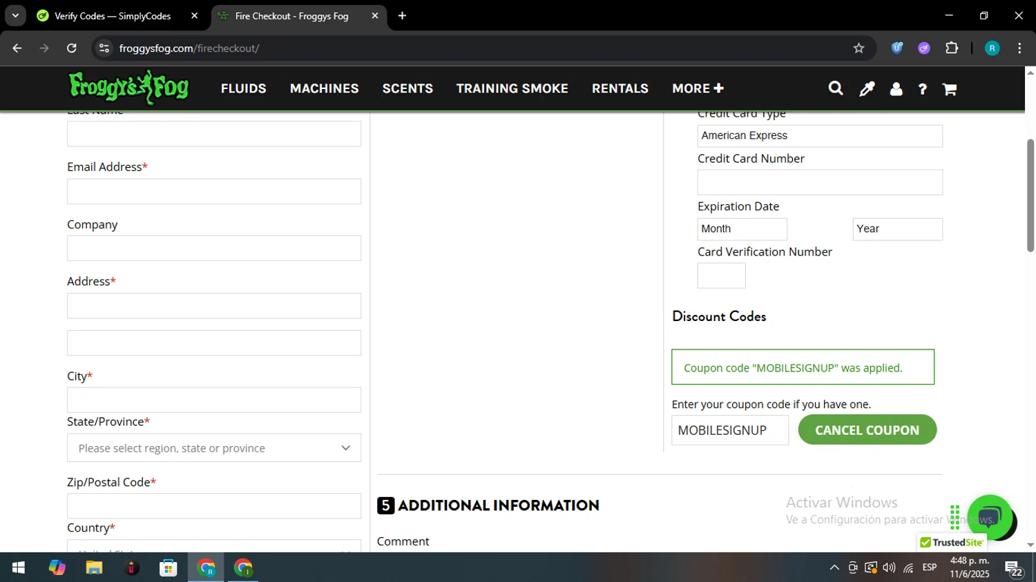 Froggys Fog discount code screenshot showing code MOBILESIGNUP applied at Froggys Fog checkout page. Uploaded by SimplyCodes community member CashWizard4502 on Jun 11, 2025
