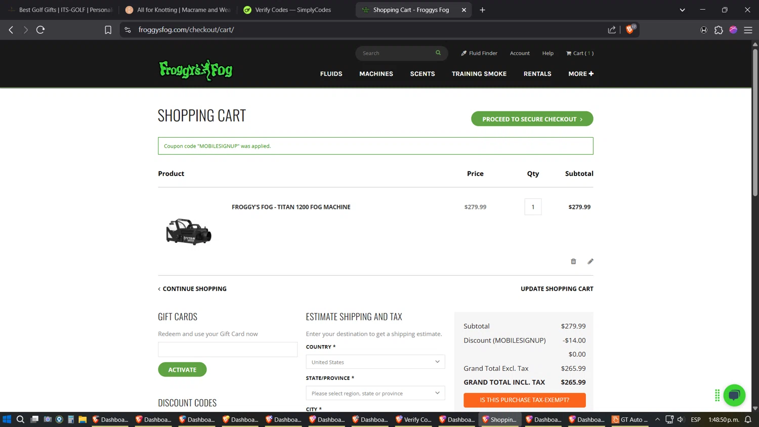 Froggys Fog checkout page showing Froggys Fog discount code box | Screenshot taken by SimplyCodes community member on Apr 23, 2025