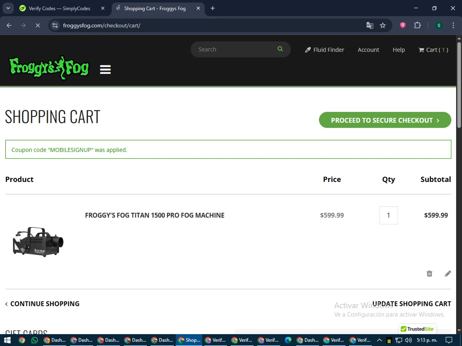 Froggys Fog discount code screenshot showing code MOBILESIGNUP applied at Froggys Fog checkout page. Uploaded by SimplyCodes community member lilMosey on Jun 18, 2025