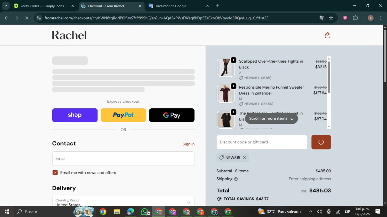 From Rachel promo code screenshot showing code NEWS15 applied at From Rachel checkout page. Uploaded by SimplyCodes community member NobleExpert6497 on Feb 17, 2026
