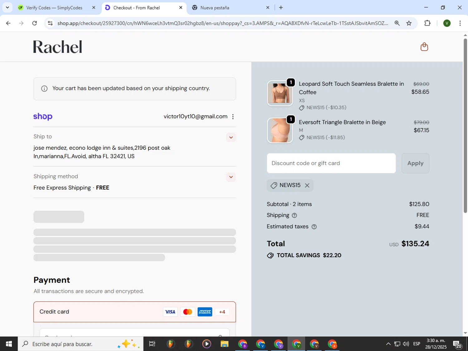 From Rachel promo code screenshot showing code NEWS15 applied at From Rachel checkout page. Uploaded by SimplyCodes community member PrimeWizard4168 on Dec 28, 2025