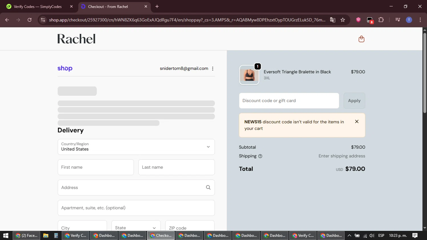From Rachel promo code screenshot showing code NEWS15 applied at From Rachel checkout page. Uploaded by SimplyCodes community member snidertom8 on Feb 9, 2026
